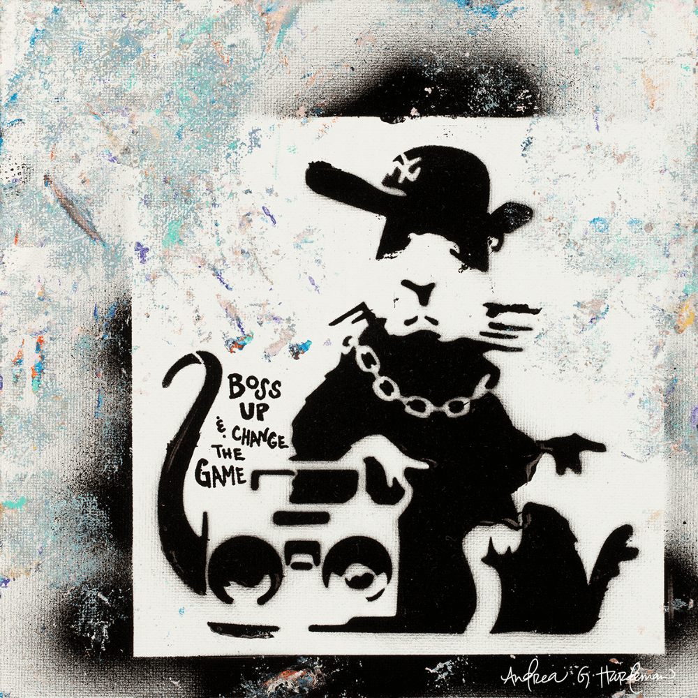 Banksy-style graffiti art with a rat and stereo and caption: "Boss up & change the game"