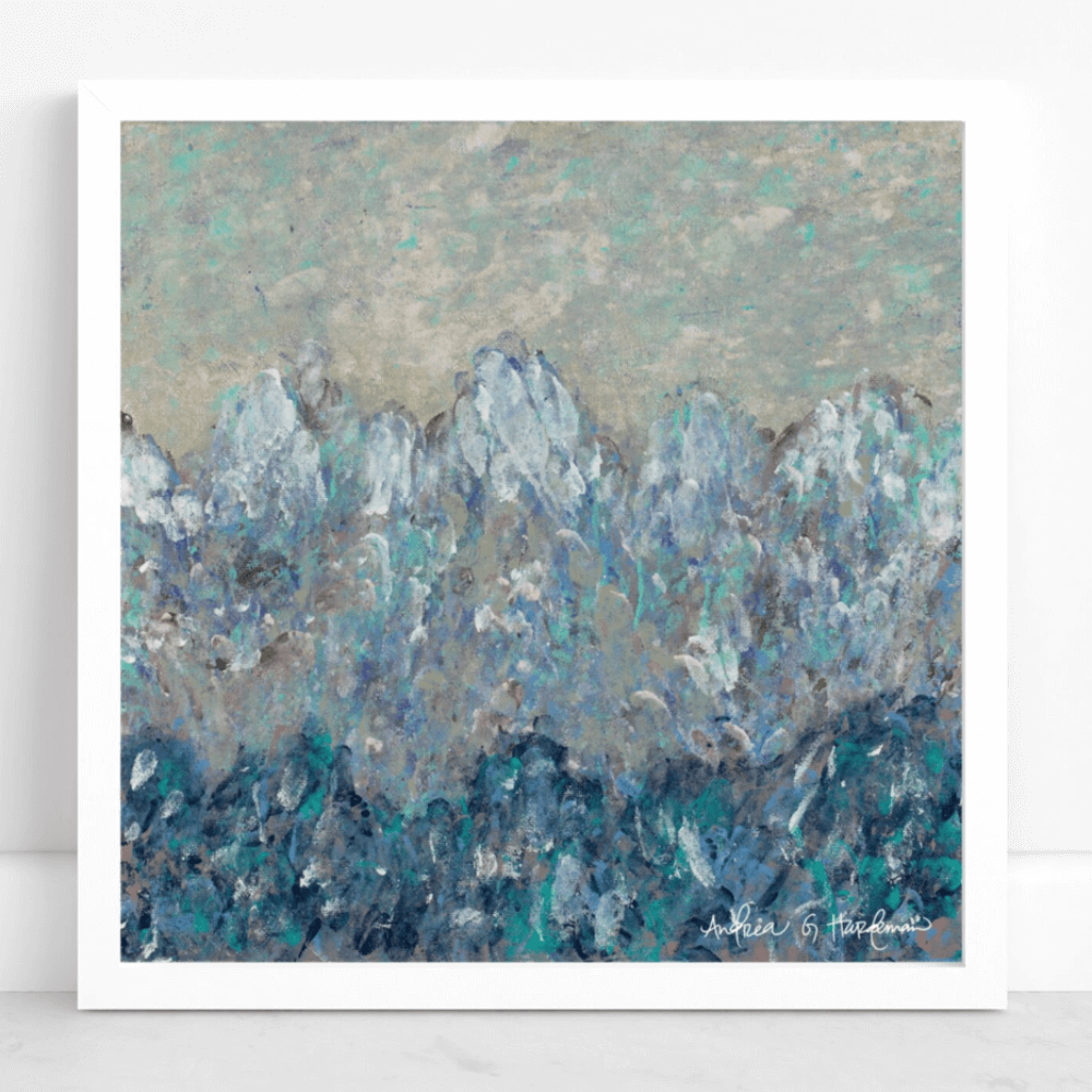 Shades of blues and grays depicting a winter mountain scape