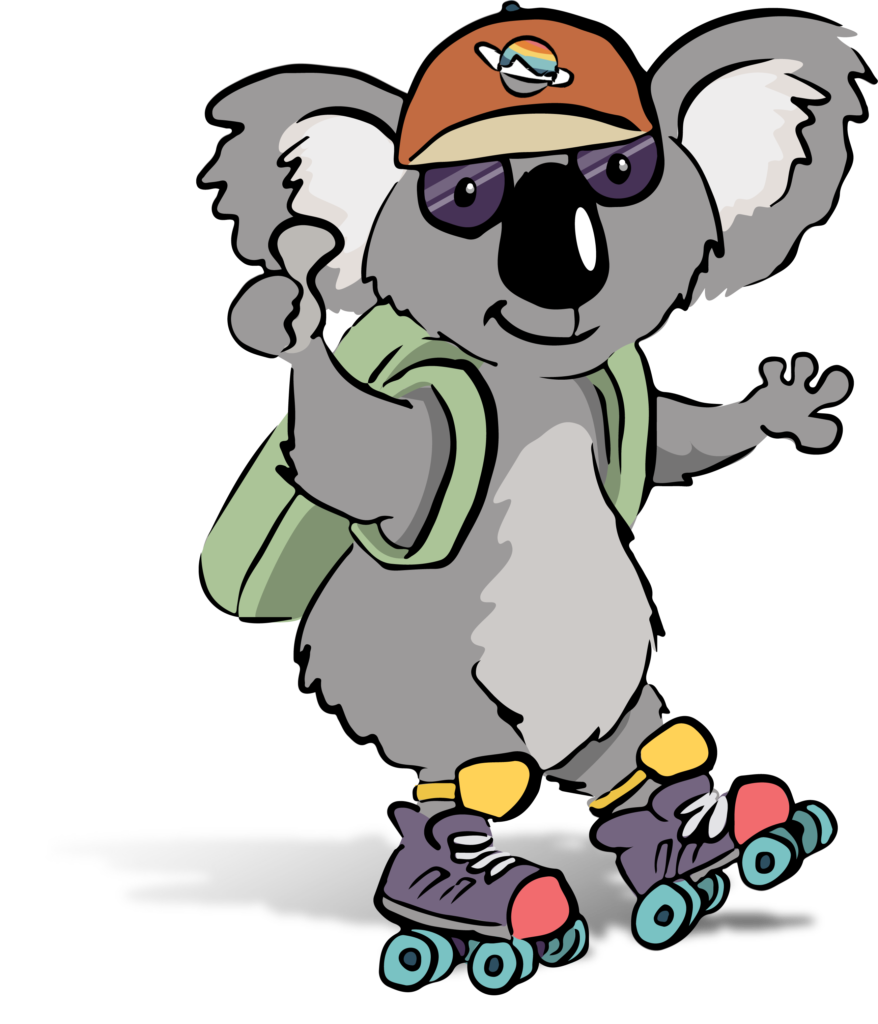Free exploringnotboring.com Animal Patch - Gray Koala giving a thumbs-up and wearing a redrock-colored baseball hat with tan brim; purple glasses; green backpack; yellow knee pads; purple, pink, and teal roller skates.